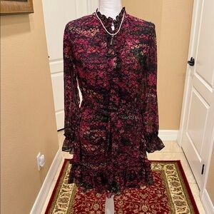 CeCe Black and Pink Floral Long Sleeve Dress
